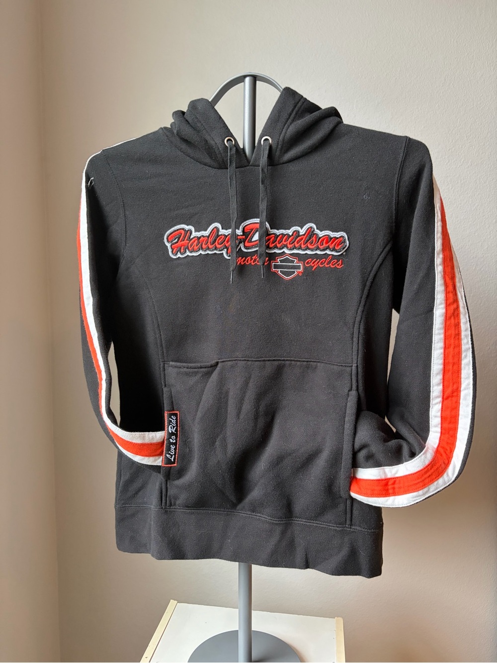 Harley-Davidson Black Hoodie with Orange & White Sleeve Stripes